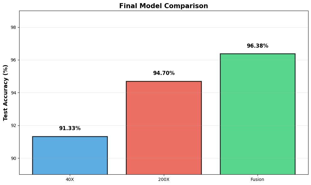 Bar chart of test accuracy for 40X, 200X, and fusion models