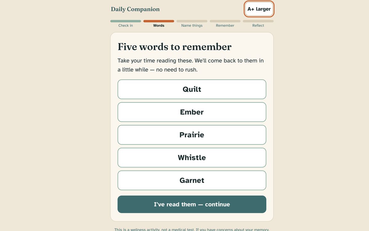 Word recall screen showing five words